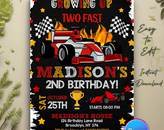 Invito Two Fast, invito Two Fast 2 Curious Race Car, inviti auto da corsa, invito per il secondo compleanno di un'auto da corsa, compleanno di auto da corsa, 2° compleanno