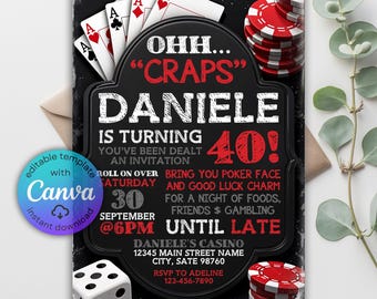 Casino Birthday Invitation, Poker Night, Editable Template (Canva)