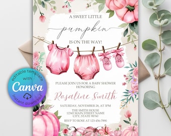 Pink Pumpkin Baby Shower Invitation, Autumn Floral (Editable Template)