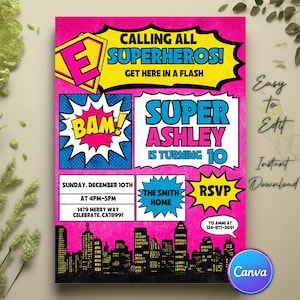 Girl Superhero Invitation, Comic Book Invitation, Comic Girl, Girl Superhero Comic Birthday Invite, Superhero Birthday Invitation, Heroparty