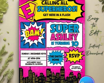 Girl Superhero Birthday Invitation, Comic Book Theme (Digital Download)