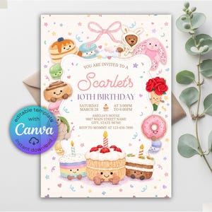 May include: A birthday invitation template featuring a cream background with colorful confetti and illustrations of smiling cakes, pastries, a teddy bear, and a pink bunny. The text reads: You are invited to a Scarlet's 10th Birthday.