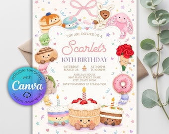 May include: A birthday invitation template featuring a cream background with colorful confetti and illustrations of smiling cakes, pastries, a teddy bear, and a pink bunny. The text reads: You are invited to a Scarlet's 10th Birthday.