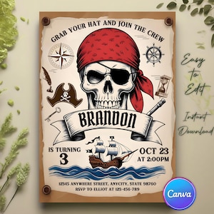 Invitación de cumpleaños pirata, invitación pirata "Ahoy Mateys", calavera pirata, mapa del tesoro, invitación a fiesta de barco pirata, plantilla editable de Canva