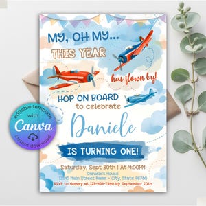 Editable Airplane Birthday Party Invitation, Vintage Airplane Party Invite, Printable Any Age Boy Birthday Invitation Canva Template, E-vite