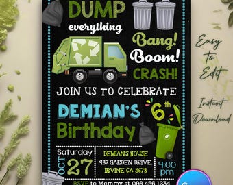 Garbage Truck Birthday Invitation, Dump Truck Party Invitation, Trash Bash Birthday Invitation, Dump Everything Party, Garbage TruckBirthday