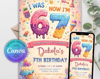 Six Seven Birthday Invitation, I was 6 now I'm 7 Party Invite, Gen Alpha 6 7 Meme Ice Cream Drip Invitation, 7th Birthday Party, Canva