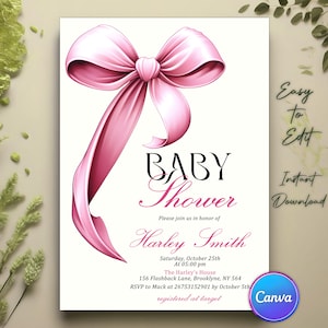 Pink Bow Baby Shower Invitation, Minimalist Baby Shower Invite, Pink Watercolor, Baby Shower Invitation Girl Coquette Bow, Canva Template