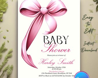 Pink Bow Baby Shower Invitation, Minimalist Baby Shower Invite, Pink Watercolor, Baby Shower Invitation Girl Coquette Bow, Canva Template