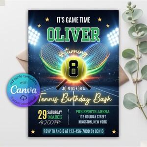 May include: Tennis birthday party invitation with a dynamic design. Features the name "OLIVER" in green, a tennis ball with the number "8", and crossed rackets. Includes event details: date, time, and location. The invitation is customizable with Canva.