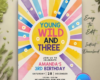 Young Wild and Three Invite Template, Groovy Birthday Invitation, Hippie Party Template, Smile Face Birthday Invite, Girl Daisy Groovy