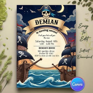 Invitación de cumpleaños pirata, invitación de cumpleaños pirata, invitaciones piratas, plantilla de invitación editable pirata, invitación pirata