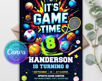 Invitación de cumpleaños deportiva de neón, plantilla editable (PDF)