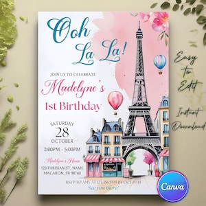 Invitación de cumpleaños de la Torre Eiffel en París, invitación a una tarde de té en una cafetería parisina de pastelería francesa, cumpleaños con temática de Oh La La París, Canva