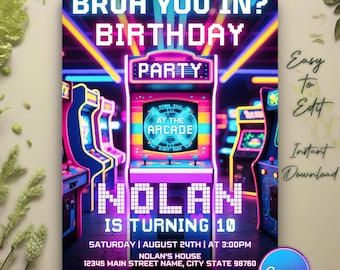 Arcade Birthday Invitation, Arcade Invitation, Neon Glow Invite, Gamer Retro Arcade Party Invite, Video Game Level Up, Gaming Arcade, Canva