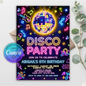 Editable Disco Party Birthday Invitation, Any Age Disco Dance Party Invite Template, Printable Neon Glow Party Invitation DIY Canva Template