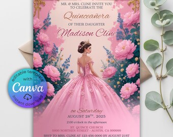 Floral Quinceañera Invitation, Sweet 16, Canva Template (Digital Download)