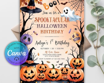 May include: A Halloween birthday party invitation with pumpkins, bats, and a ghost. The invitation reads "Join us for a Spooktacular Halloween Birthday" and includes the name "Aaliya" and party details.