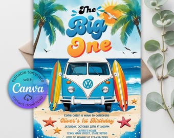 May include: A beach-themed birthday invitation featuring a blue and white VW bus with surfboards, palm trees, and the text "The Big One." The invitation includes details for Oliver's 1st birthday, with a Canva template available for instant download.
