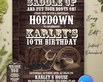 Convite de aniversário estilo Western Hoedown, convite para festa de cowboy, prepare-se e calce suas botas, aniversário country western, Canva editável