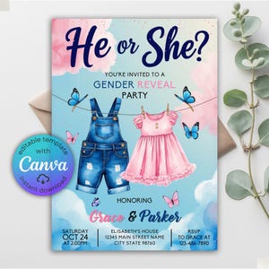 Pink Blue Baby Clothes Gender Reveal Invitation, Clothesline Invitation, He or She What Will Baby Be? Surprise Gender Reveal, Canva Template