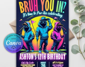 Invito di compleanno per minigolf, festa luminosa, modello Canva modificabile (download digitale)