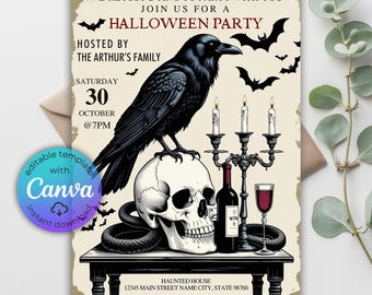 Invitación para fiesta de Halloween con calavera de cuervo vintage, invitación de disfraz gótico (plantilla de Canva)