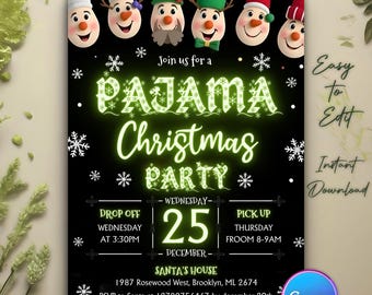 Christmas Pajama Party Invitation, Pajama Invitation, Neon Christmas Invitation, Holiday Party Invite, Editable Canva Template