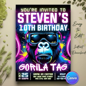 Puede incluir: Una vibrante invitación para el décimo cumpleaños de Steven, con un gorila con gafas futuristas. El diseño incluye el texto "GORILA TAG" y los detalles del evento. La invitación es fácil de editar y está disponible para descarga instantánea.
