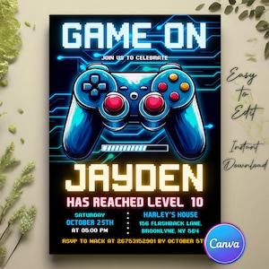 Video Game Birthday Invitation, Gamer Party Invitations, Neon Game Level Up Birthday Party, Glow Game Party Invite, Neon Glow Invitation