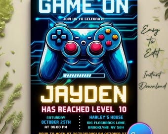 May include: A blue and yellow video game controller with a neon blue glow. The text "GAME ON" is in a pixelated font. The text "JAYDEN HAS REACHED LEVEL 10" is in a yellow pixelated font. The invitation is for a party on Saturday, October 25th at 5:00 PM at Harley's House. The address is 156 Flashback Lane, Brooklyne, NY 564. RSVP to Mack at 26753152901 by October 5th.
