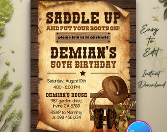 Convite para festa de aniversário Western Hoedown, convite para aniversário de cowboy, chapéu e laço de cowboy, prepare-se e calce suas botas