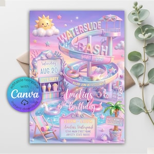 May include: A colourful birthday invitation template featuring a waterslide, pool, and tropical elements. Text includes Waterslide Bash, Saturday Aug 20, Amelias 5th Birthday, 3:00pm-5:00pm, Amelias Waterpark, 12345 Main Street Name, Anycity, State 98000.