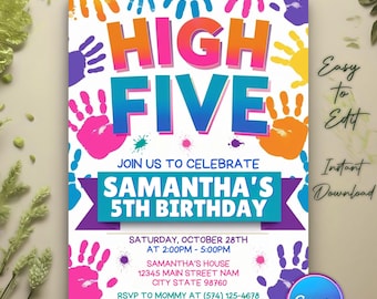 Colorful High Five 5th Birthday Invitation, Paint Handprints (Canva Template)