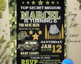 Editable Army Birthday Invitation, Military Party Invitations, Soldier Birthday Invitation, Camo Birthday Invitation, Camouflage Invitation