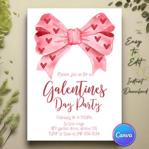 Invitación para la fiesta del día de Galentines, invitación para celebrar el día de San Valentín, noche de chicas de Galentines en rosa, lazo rosa coqueto para el día de San Valentín