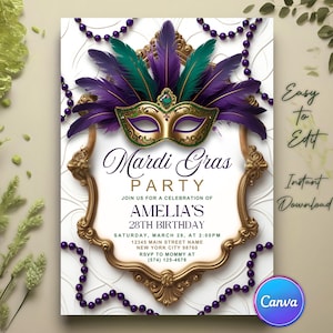 Puede incluir: Invitación a una fiesta de Mardi Gras con una máscara dorada, plumas moradas y verdes, y un marco dorado decorativo. La invitación incluye el texto "Mardi Gras Party" y los detalles del cumpleaños de Amelia.