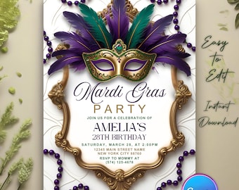 May include: Mardi Gras party invitation with a gold mask, purple and green feathers, and a decorative gold frame. The invitation includes the text "Mardi Gras Party" and details for Amelia's 28th birthday.