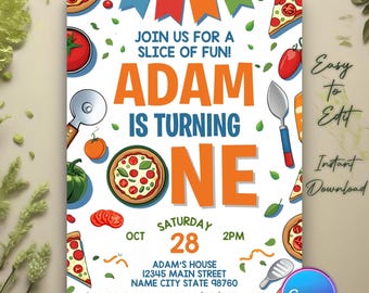 Puede incluir: Una invitación a una fiesta de cumpleaños con temática de pizza con el texto "¡Únete a nosotros para una porción de diversión!" y "Adam cumple un año". La invitación incluye porciones de pizza, tomates y un cortador de pizza. La fecha es el 28 de octubre a las 14:00.