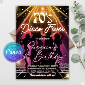 Puede incluir: Una vibrante invitación para una fiesta Disco Fever de los 70. El diseño presenta una bola de discoteca, siluetas de bailarines y el texto "50 cumpleaños de Jessica". Incluye detalles del evento y una llamada a la acción. Plantilla editable con Canva.