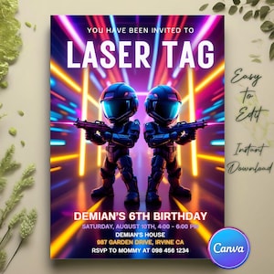 Editable Laser Tag Birthday Invitation, Neon Red Glow Laser Tag, Laser Tag Boy Birthday Party invitation, Laser Tag Party Invite Template