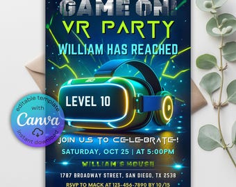 May include: A digital invitation for a VR party, featuring a virtual reality headset with neon green and yellow accents. The text reads "GAME ON! VR PARTY" and "LEVEL 10". Includes event details and a Canva logo.