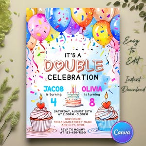 Cupcake Double Birthday Invitation, Double Birthday Invitation, Joint Birthday Invitation, Sibling Birthday Invite, Twin Party Invite, Canva
