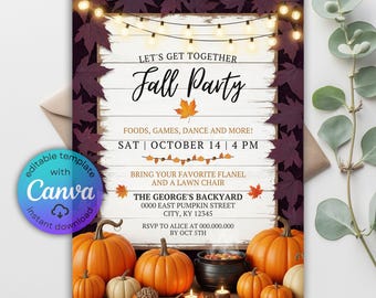 May include: A fall party invitation with the text "Let's Get Together Fall Party" on a white wooden background. The invitation includes pumpkins, leaves, and string lights. The invitation is an editable template with Canva.
