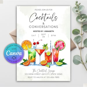 Może przedstawiać: Białe zaproszenie na "Cocktails & Conversations", organizowane przez Annabeth. Zaproszenie zawiera ilustracje koktajli i owoców. Zawiera również datę, godzinę i informacje RSVP. Tekst "The Cocktail Lounge" jest również obecny.