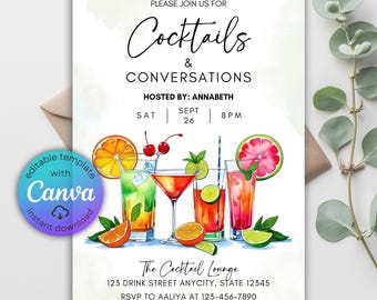 Cocktails and Conversations Invitation, Adult Party, Editable Canva Template (Digital Download)