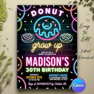 Faire-part d'anniversaire donut grandir, faire-part d'anniversaire donut, invitation néon phosphorescent, invitation fête phosphorescente, Invitation donut