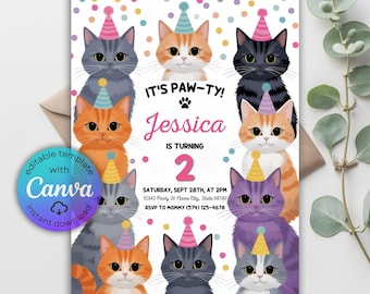 Invito di compleanno per gatti, tema gattino modificabile (download digitale)