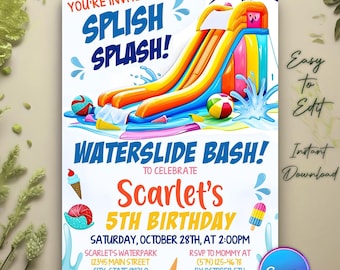Waterslide Birthday Invitation, Water Slide Invitation, Splash Pad Summer Pool Party Invite, Waterslide Birthday Bash, Invite Canva Template