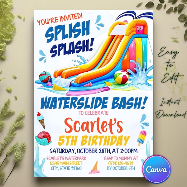 Waterslide Geburtstagseinladung, Waterslide Geburtstagseinladung, Waterslide Geburtstagseinladung, Splash Pad Summer Pool Party Invite, Waterslide Birthday Bash, Invite Canva Template
